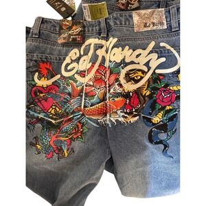 Ed Hardy Baggy Jeans Women's Size 30 Blue Denim DragonTattoo Art Flare blokecore